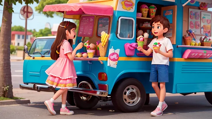 a girl drops her ice cream, and a boy offers her a bite of his in a cheerful ice cream truck with various flavors on display