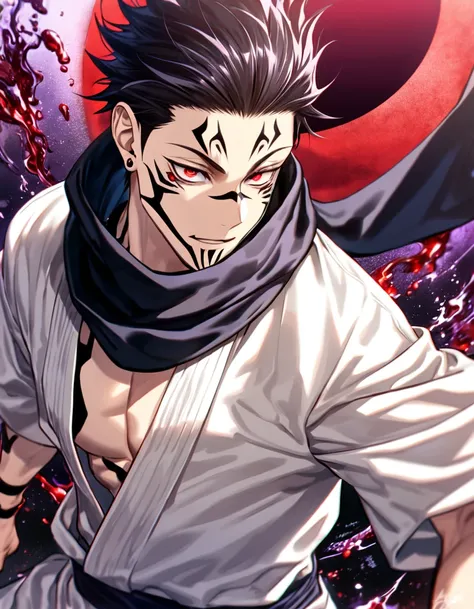 absurdres, highres, ultra detailed, HDR, masterpiece, best quality, Ryomen Sukuna, black hair, expressive red eyes, Jujutsu Kaisen, solo, sexy man, handsome, black scarf, white kimono, red blood water, purple moon, magical 