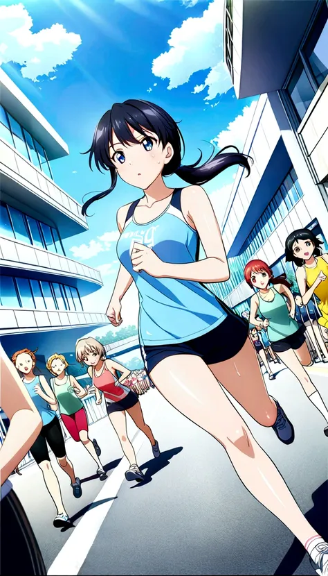 score 9, source anime, wide shot, multiple girls, women marathoners running on the road while the roadside is packed with specta...