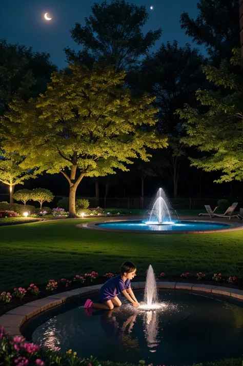 Children play in park, night light, flowers, banch, water fountain, half moon, 4k