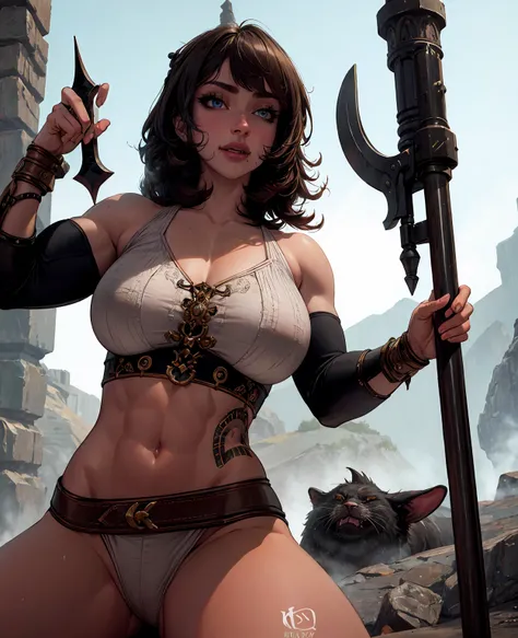 beautiful detailed eyes, beautiful detailed lips, extremely detailed eyes and face, longeyelashes, 1girl, barbarian, sexy, fantasy, medieval, armor, fur, leather, muscular, strong, powerful, fierce, wild, adventure, dungeon, dragon, sword, magic, mist, moo...