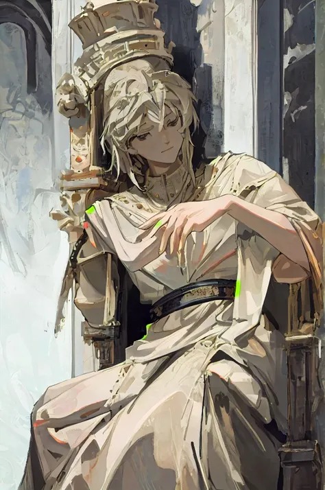 (absurd, tall, ultra detailed)young roman,stone throne,black eyes,sitting on throne,full hd, 12 years,