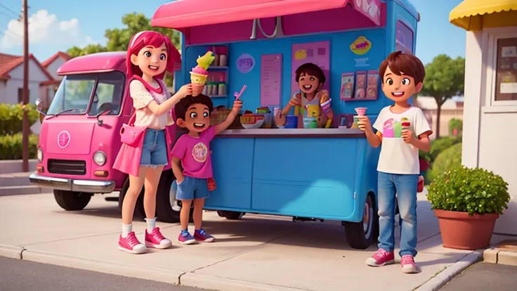 Generate an AI image of a cheerful ice cream truck with various flavors on display, showing a girl and a boy standing together, sharing ice cream cones and laughing.