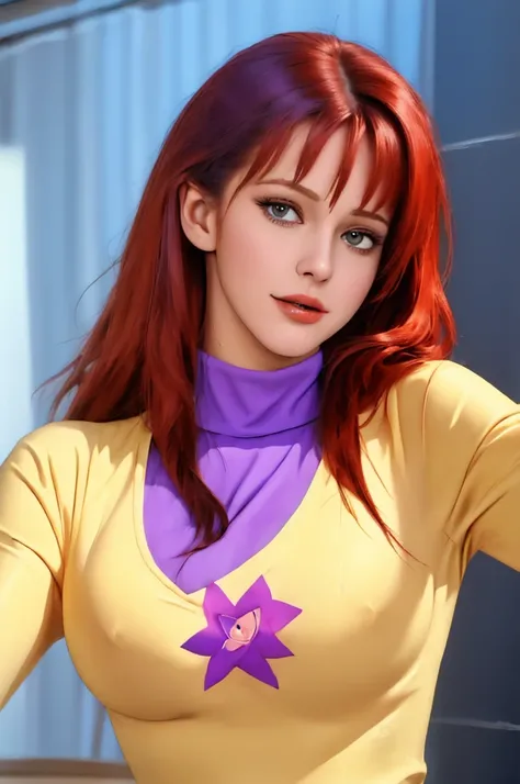 absurdres, mary jane watson, upper body, yellow sweater with purple turtleneck 