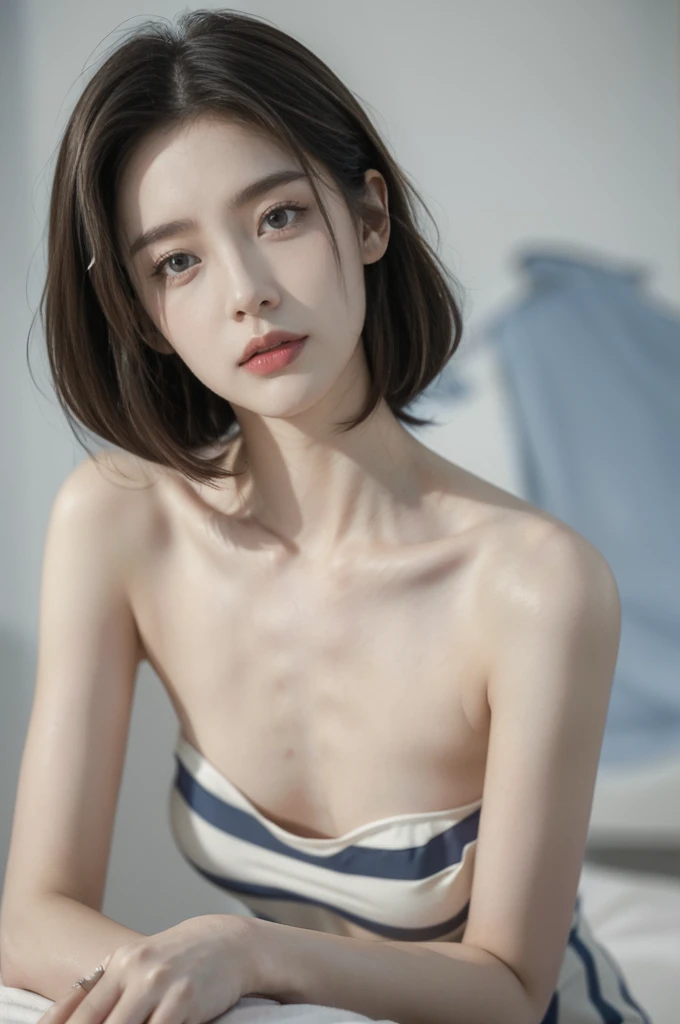 (((best quality))), (((ultra detailed))), (((masterpiece))), illustration,((a fragile and beautiful young girl,solo)),((slim,thin)),((small breasts,flat chest)),((sitting on a hospital bed)),(strapless vertical striped blue and white bra:1.2), ethereal app...