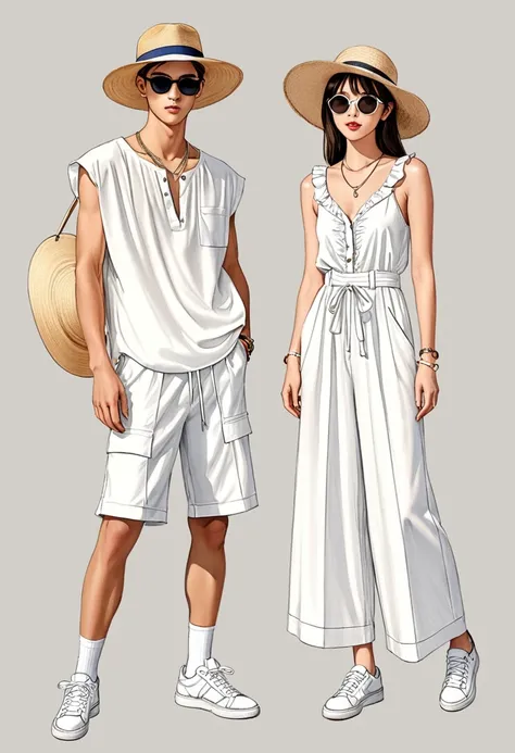 candid fashion illustration of young asian man and woman, both aged 20 year old, ((showcase fashion look book in a white rayon o...