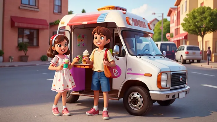 Generate an AI image of a cheerful ice cream truck with various flavors on display, showing a brown haired girl and a brown haired boy standing together, sharing ice cream cones and laughing.