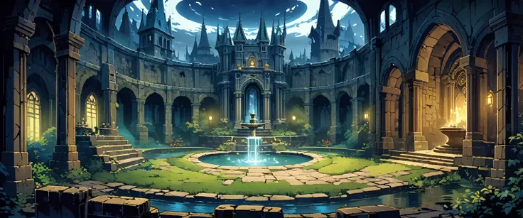 Magic Academy(Medieval European Temples)，There are huge walls around.，There is a lake in the atrium，There is a fountain in the middle of the lake，The castle is richly decorated，Shrouded in a mysterious light，Background is night。Mid-ground composition，Panor...