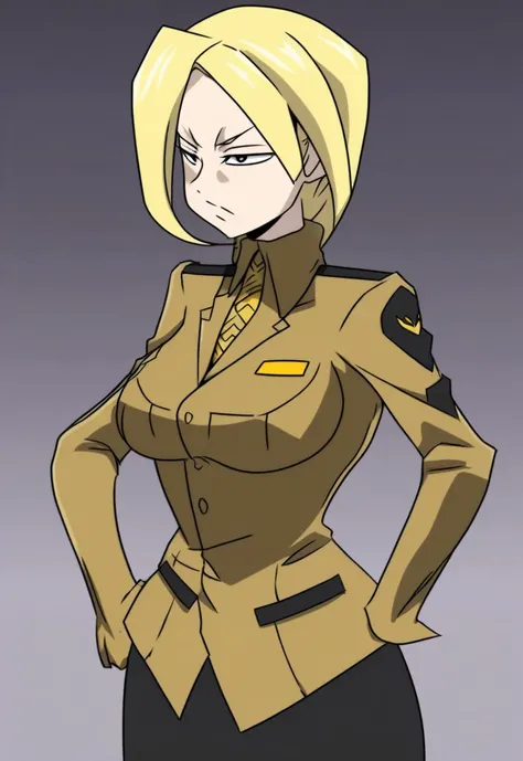 Make a old evil military blonde anime woman in a dark skirt suit  