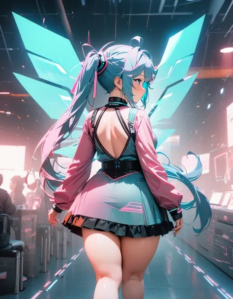 (masterpiece, Perfect quality:1.2,), (8K, RAW Photos, Highest quality, masterpiece: 1.2), High-quality RAW color photos, Professional photography,Data Visualization Design Styles ，（Hatsune Miku is singing with her wings spread），(Pink and turquoise hair:1.3...