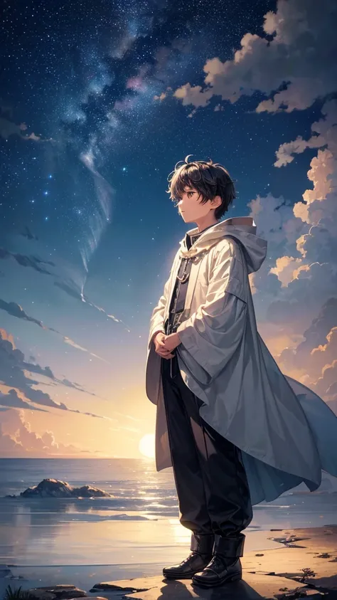 Create a serene, nocturnal landscape where billowing clouds fill the sky. The scene is illuminated by countless stars, and a boy stands beside his faithful dog, gazing up at a luminous, full moon. The soft, dreamy atmosphere captures a sense of wonder and ...