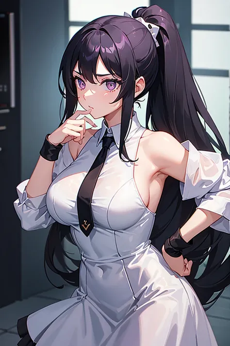 A girl，Black long hair，High Ponytail，Lilac pupils，Big breasts，20 years old，Humanity，A bit dull，mild，Dress conservatively