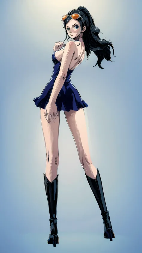 1girl, solo, boots, eyewear on head, black hair, dress, high heels, sunglasses, short dress, long hair, looking back, breasts, ponytail, nico robin, legs，medium_breasts，sideboob