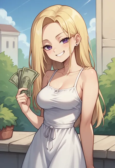 best quality, masterpiece, super high resolution, perfect anatomy, 1girl, blonde hair, long hair,  hair_behind_ear, parted_bangs, single sidelock,   purple eyes, medium breasts, teenage, b:86cm, W:55cm, H:83cm, absurdes, sundress, smug, holding money, drin...