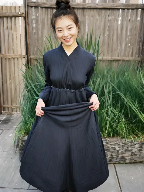 (((snap shot)))、top knot、smile、looking at the audience、realistic、lift up your maxi dress to show off your pants.、(small breasts)