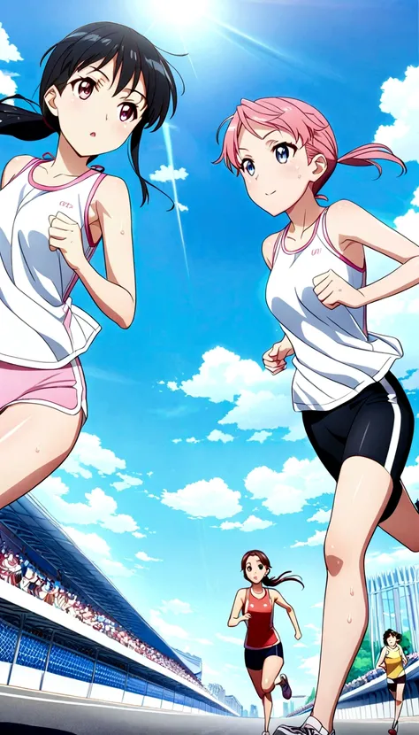 score 9, source anime, wide shot, multiple girls, Women marathoners running on the road while the roadside is packed with spectators, dynamic angle, perfect face, playful expression, low ponytail, sweat, outdoor, blue sky, shiny day, dramatic lighting, cin...