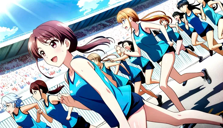 score 9, source anime, wide shot, multiple girls, Women marathoners running on the road while the roadside is packed with spectators, dynamic angle, perfect face, playful expression, low ponytail, sweat, outdoor, blue sky, shiny day, dramatic lighting, cin...