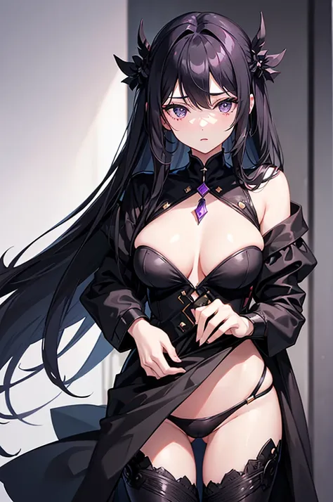 A girl，Black long hair，Dissemination，Lilac pupils，Big breasts，20 years old，Humanity，A bit dull，mild，Dress conservatively，Azur route style