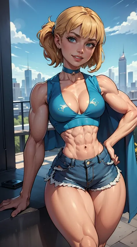 (Muscular:1.9), (thick thighs:1.8),
blonde female, (supergirl), (big smile:1.7), (blunt bangs), (ponytail:0.8),
earrings, lipstick, eyeshadow,
hard nipples, (small breasts:2),
(blue sleeveless tanktop, cleavage, midriff, shorts:1.9), (small cape:1.3), (cho...