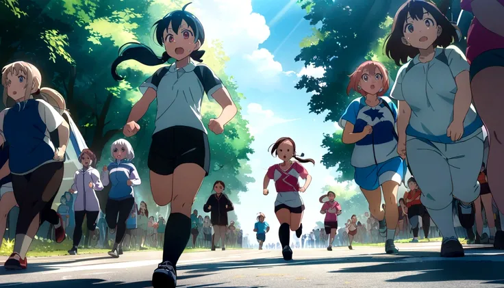 score 9, source anime, wide shot, multiple girls, Women marathoners running on the road while the roadside is packed with spectators, dynamic angle, perfect face, playful expression, low ponytail, sweat, outdoor, blue sky, shiny day, dramatic lighting, cin...