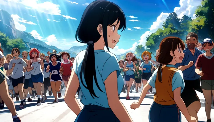 score 9, source anime, wide shot, multiple girls, Women marathoners running on the road while the roadside is packed with spectators, dynamic angle, perfect face, playful expression, low ponytail, sweat, outdoor, blue sky, shiny day, dramatic lighting, cin...