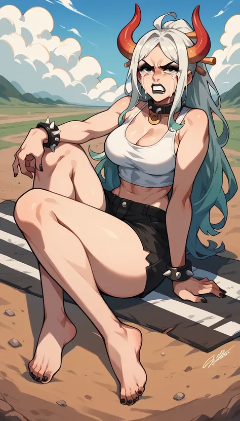 Yamato, barefoot, white crop-top, short shorts, cleavage, black lipstick, black eyeliner, black nails, dirt road, countryside, angry, crying, spiked collar, spiked wrist bracelets