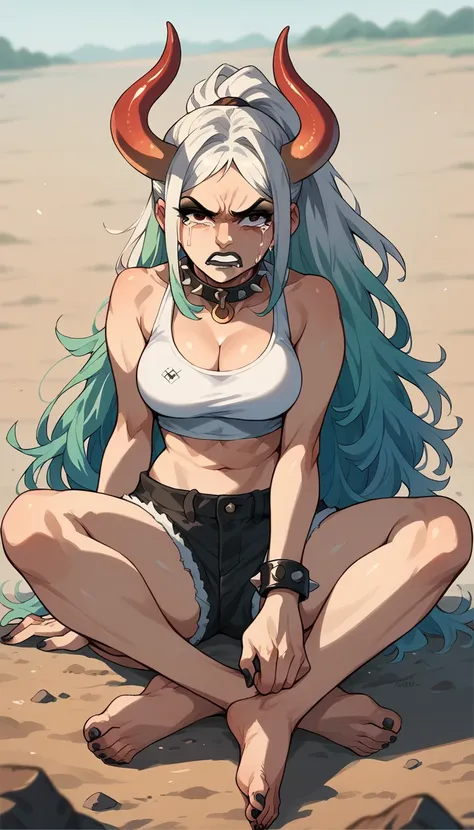 Yamato, barefoot, white crop-top, short shorts, cleavage, black lipstick, black eyeliner, black nails, dirt road, countryside, angry, crying, spiked collar, spiked wrist bracelets