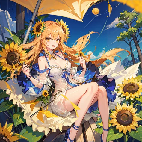 One girl,pretty girl,Midsummer,very hot,sweating,Hold a fan,Wind chimes ring,Great space,Sunflowers bloom,Lots of sunflowers