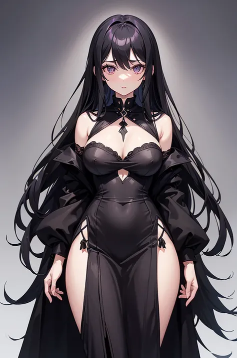 A girl，Black long hair，Dissemination，Lilac pupils，Big breasts，20 years old，Humanity，A bit dull，mild，Dress conservatively，Azur route style