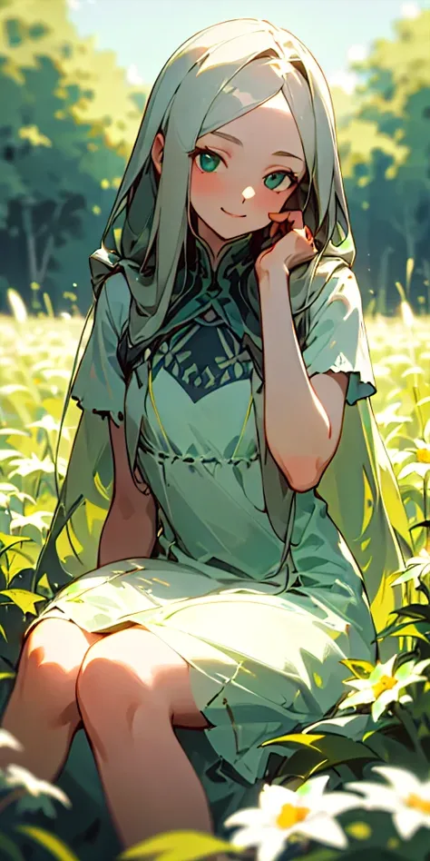 (masterpiece, best quality), lowcontrast, 1girl with long aschgray hair sitting in a field of green plants and flowers, her hand under her chin, light smiling, warm lighting, simple summer dress, blurry foreground