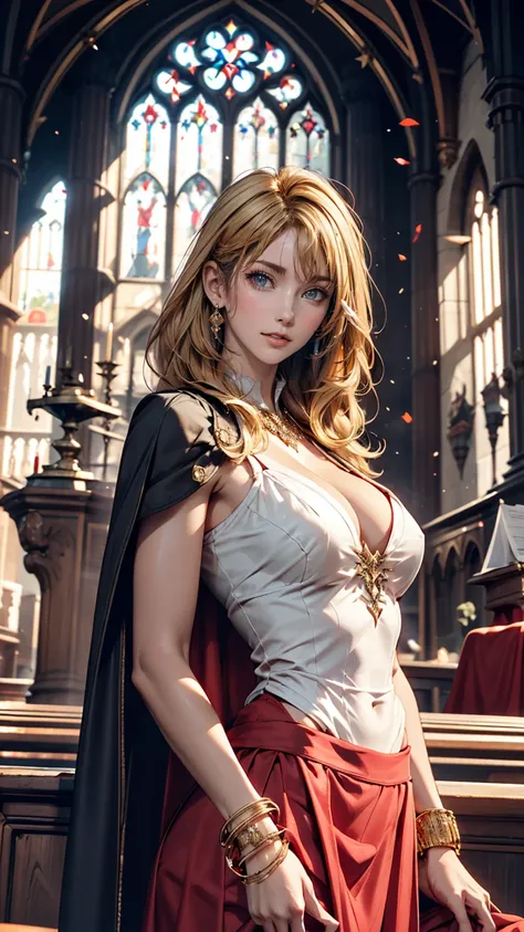 Dark Souls, Dim Light, Old Church, Mature Woman, slim, expensive, Long blonde curly hair, Long black cape, Red leotard with long skirt, Long skirt with diamonds, Gold Bracelets, 8K, Official Style, European aristocracy, 