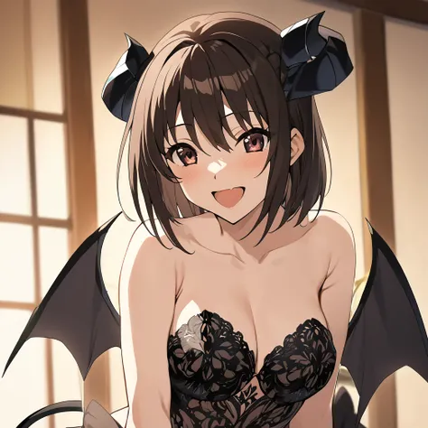 ((Highest quality)), ((masterpiece)), (detailed), （Perfect Face）、The woman is naked and wearing a black wedding dress decorated with gold, the devil queen Haruhi Suzumiya is a sexy female demon.、The woman is a female demon with magnificent devil horns, jet...