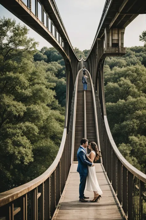 Two people on a bridge, turning each other&#39;s backs at night 