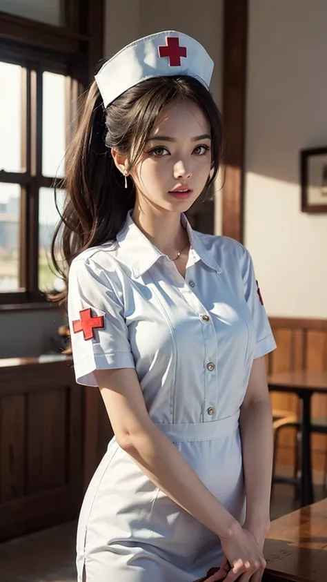 masterpiece, best quality, 1girl, solo, standing, holding deagle, deagle, terrarianurse, green eyes, earrings, nurse cap, nurse,...