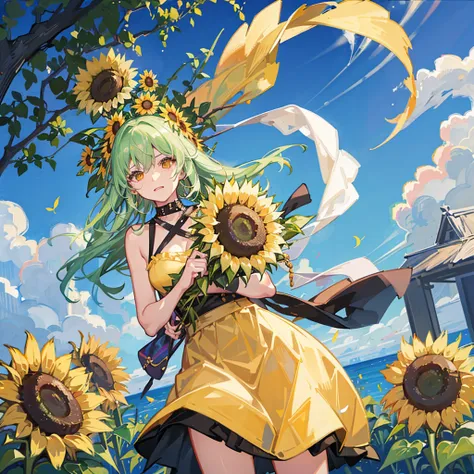 One girl,pretty girl,Midsummer,very hot,sweating,Hold a fan,Wind chimes ring,Looking out the window,Great space,Sunflowers bloom,Lots of sunflowers,