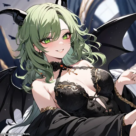 ((Highest quality)), ((masterpiece)), (detailed), （Perfect Face）、The woman is naked and wearing a black wedding dress decorated with gold, the devil queen Lydia is a sexy female demon.、The woman is a female demon with magnificent devil horns, jet black dev...