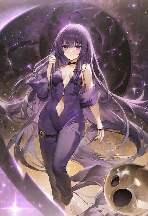 Athena，Purple one-way slightly messy long hair，Purple Eyes，Purple jumpsuit，But the one-piece dress is very sexy and revealing，barefoot，A black hole in the universe，Purple and black black hole