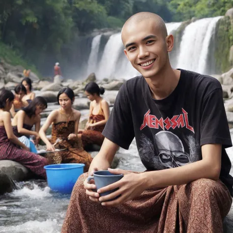 an indonesian young man , bald head, which, very long neck like a giraffe&#39;s neck,  smiling wearing a black t-shirt with text...