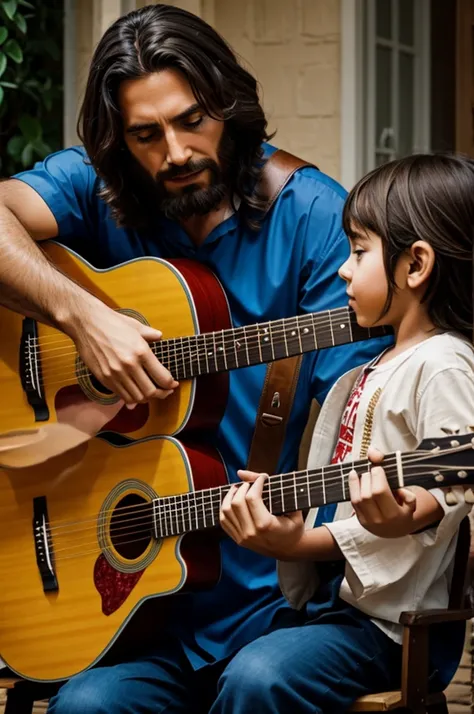 comic of Jesus playing guitar and playing with children
