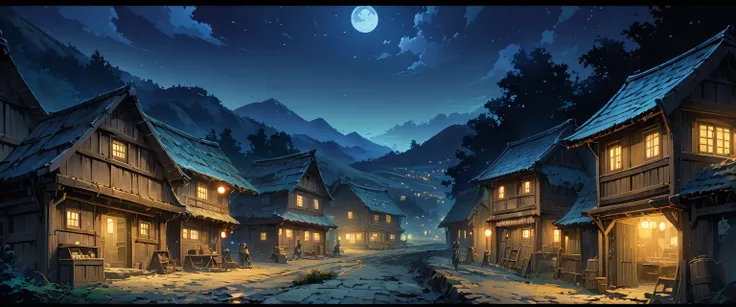 village，欧洲中世纪的village。night，Night view。Mid-ground composition，Panorama pictures，Scene screen，Game concept art style，Anime illustration style，HD，4K。