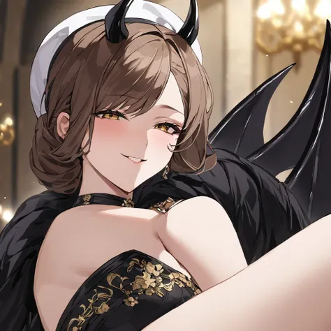 ((Highest quality)), ((masterpiece)), (detailed), （Perfect Face）、The woman is naked and wearing a black wedding dress decorated with gold, the devil queen Liza is a sexy female demon.、The woman is a female demon with magnificent devil horns, jet black devi...