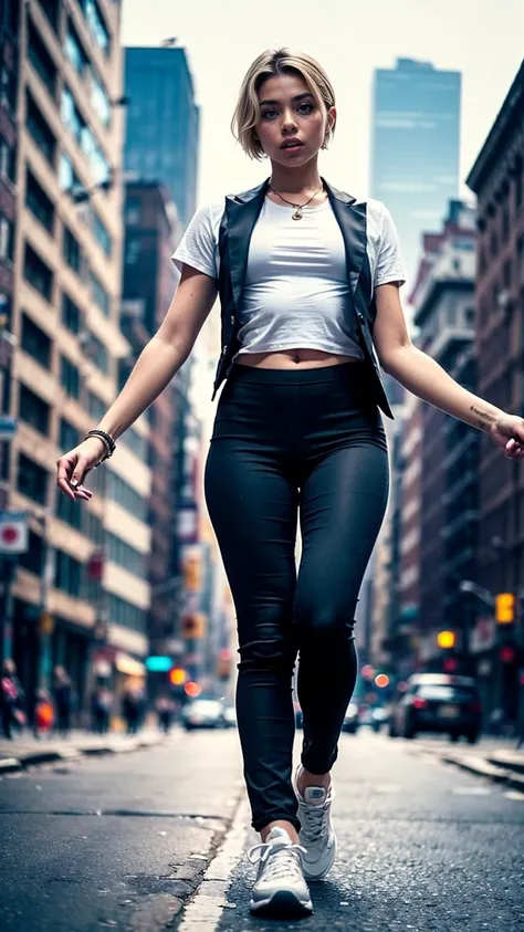 hip hop dancer dancing in the street,woman,blonde,short hair,detailed hands,from below,youtube shooting,overlooking,whole body,(wearing a suit:1.2),sneakers,new york,(((blur background))),(((masterpiece,Highest image quality,Super detailed,photorealistic,4...