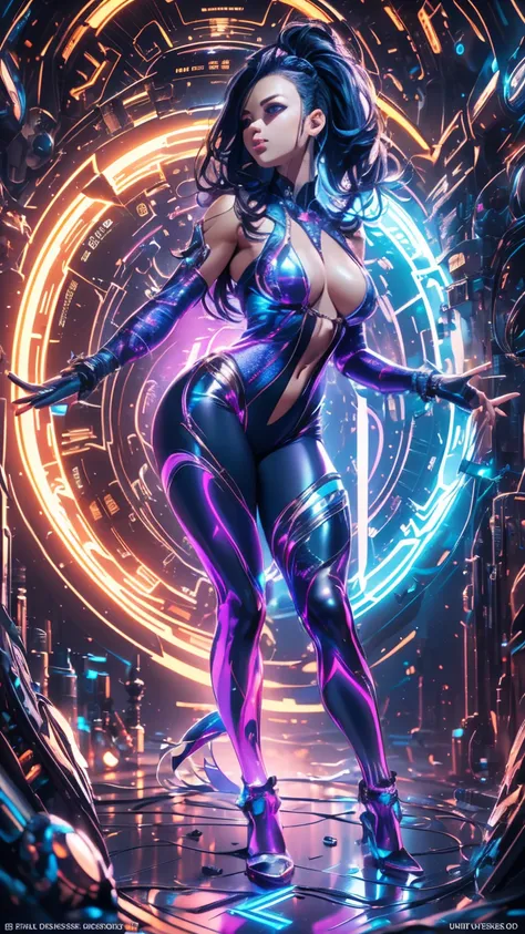 An ultra-realistic and ultra-detailed (Legendary Multicolored Psychedelic Masterpiece), ((HOLDING A BIG GORGEOUS, GLOWING, COLORFUL INFINITY ♾️ SYMBOL IN HER HANDS)), ((full body portrait)), (Dynamic Angle), best quality, (Angled View), 1girl, She is a Gor...