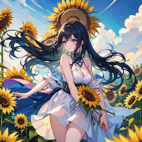 One girl,pretty girl,Midsummer,very hot,sweating,Hold a fan,Wind chimes ring,Looking out the window,Great space,Sunflowers bloom,Lots of sunflowers,