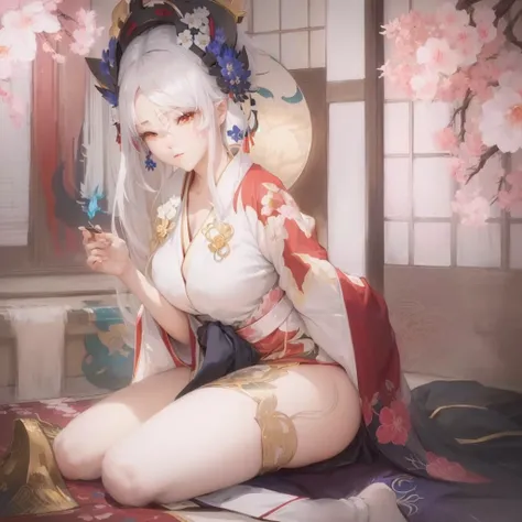 Anime - style image of woman in kimono clothes sitting on bed, White-haired God, Gwaiz on pixiv artstation, Gwaiz, Gwaiz on artstation pixiv, artwork in the style of Gwaiz, onmyoji, onmyoji portrait, Anime Goddess, The Detailed Art of the Onmyoji, Gwaiz ma...