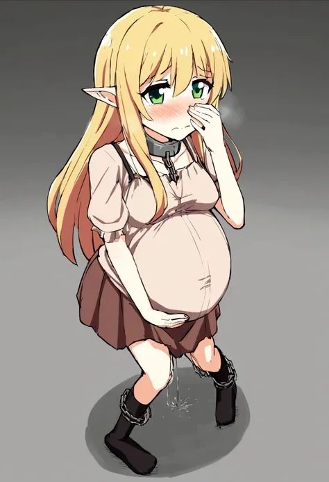 Anime. 1 girl. Young woman. Elf. Slave. Pregnant. Barren pregnancy. Slave collar. Shackles. Dirty tunic. Torn tunic. Blonde. Long hair. Green eyes. Beautiful eyes. Pointy ears. Cold. Runny nose. Sneeze. Sneezes. Snot flows from the nose. Covers his nose wi...