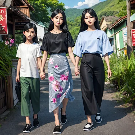 photorealistic 4D caricature, image must be full body, large head, short body, realistic ORI face shape "Two Indonesian youths holding hands. Men: white shirt, black slim-fit formal trousers, black loafers. Women: knee-length floral beach dress, black hair...