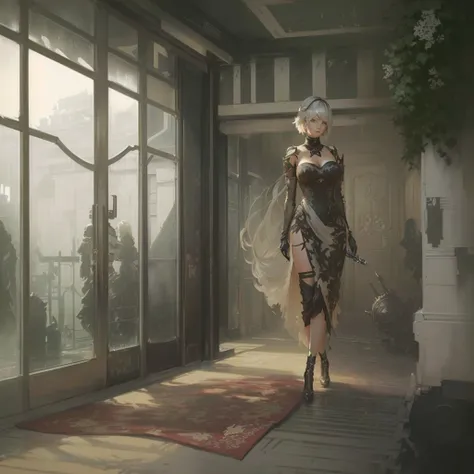 There is a woman walking down a hallway with a red carpet., Nier inspired, Nier, Gweiz-style artwork, guweiz on pixiv artstation, Nier automata concept art, Guweiz on ArtStation Pixiv, Painted in an anime artist&#39;s studio, Nier:Inspired by automata, Nie...