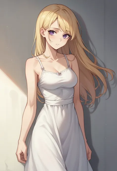 best quality, masterpiece, super high resolution, perfect anatomy, 1girl, blonde hair, long hair,  hair_behind_ear, parted_bangs, single sidelock, short bangs,  purple eyes, medium breasts, teenage, b:86cm, W:55cm, H:83cm, absurdes, sundress, 