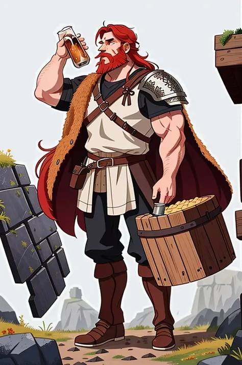 Ingólfr Einarr is a 40-year-old red-haired Viking man with a full and long beard, extroverted, muscular and very attractive, who wears his imposing medieval armor. hyper detailed and super realistic. cartoon style. White background. Ingólfr Einarr holds a ...